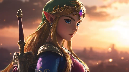 Fantasy elf warrior stands in profile at sunset landscape