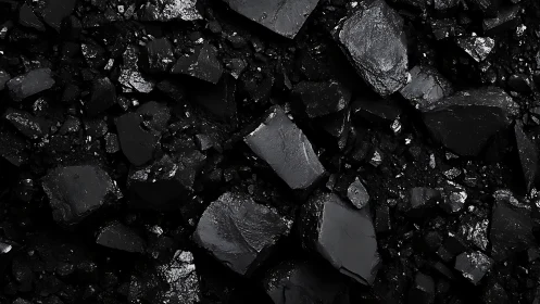 Wet black coal rocks glisten with sharp industrial texture