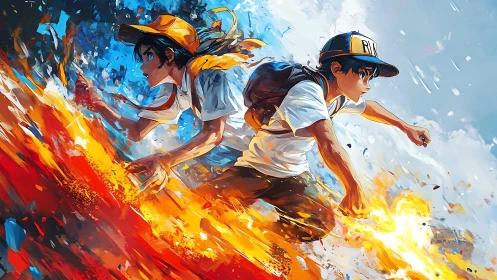 Dynamic twin runners generate fiery energy amid abstract motion