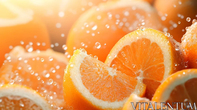 Close-up of juicy orange slices with splashing water.