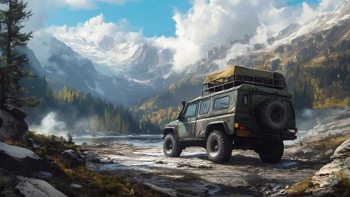 Off-road vehicle stands on rocky track before alpine lake