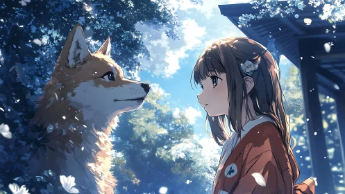 Girl in kimono faces fox spirit under bright forest light.