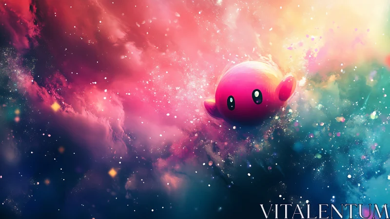 Chromatic nebula environment renders glossy pink orb mascot in space