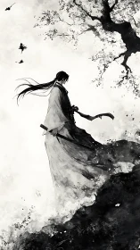 Solitary swordsman walks beneath a wind-torn blossom tree