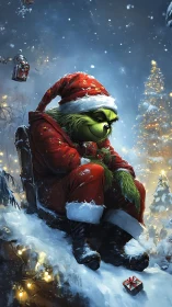 Grumpy green Santa finds quiet magic in snowy Christmas night.