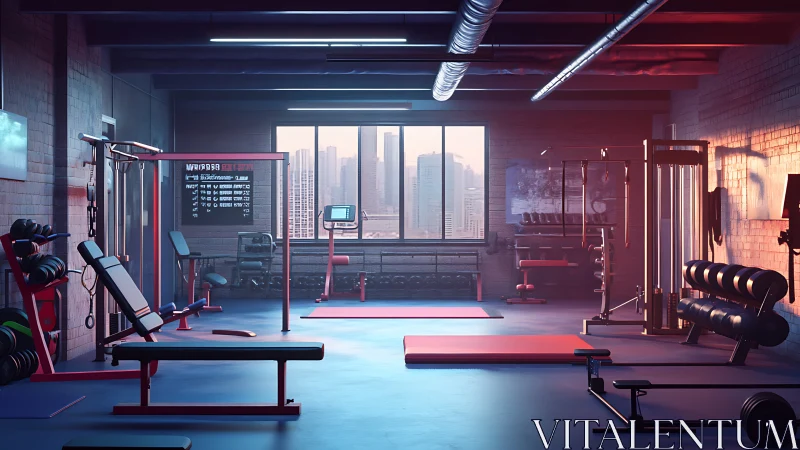 Sunlit urban loft gym interior with red steel equipment.
