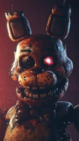 Rusted animatronic rabbit with burning cybernetic eye