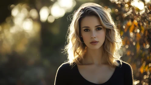 Golden hour gaze with autumn lights and quiet confidence.