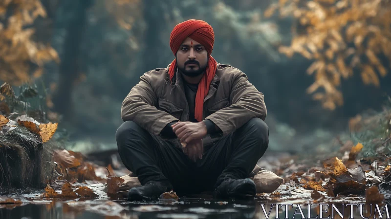 Autumn forest quiets around a man in a red turban