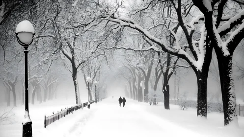 Snow-draped city promenade cradles two distant silhouettes.