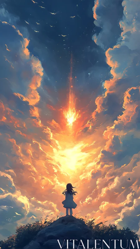 Girl beneath a blazing sky of wishes and falling light.
