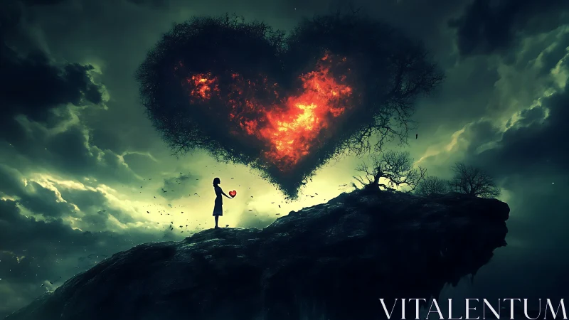 Solitary Figure Cradling Burning Heart Against Stormy Sky.