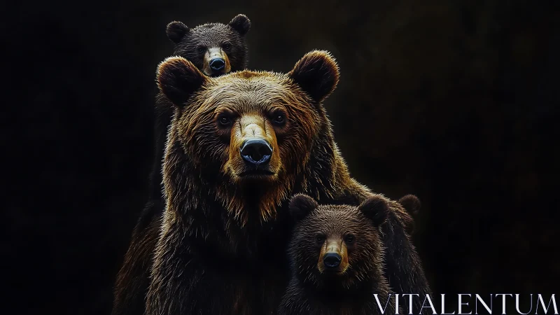 Photorealistic brown bear family portrait in low-key lighting.