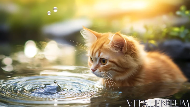 Orange Tabby Cat Observing Water Droplets in Natural Garden Setting.