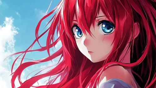 Sky-kissed anime girl with bright red hair and soft gaze.