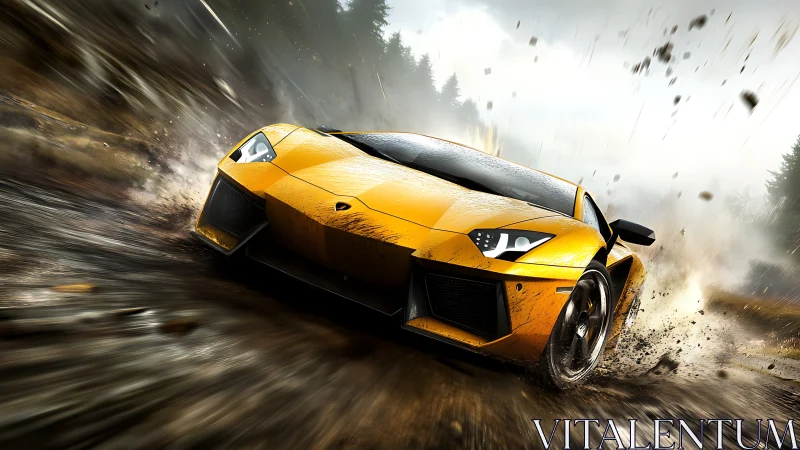 Yellow sports car drifts on wet dirt track at high speed