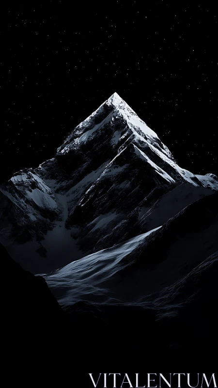 Snowlit mountain peak under deep midnight starfield.