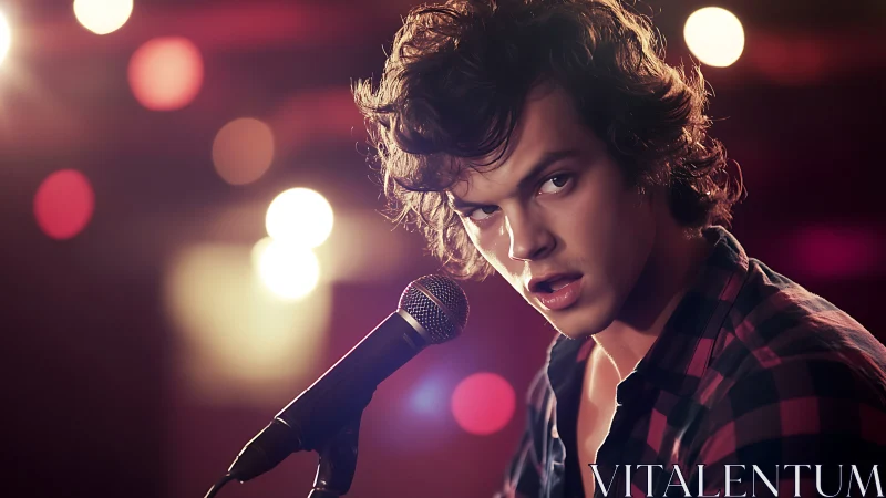 Stage-lit vocalist in shallow depth-of-field performance study.