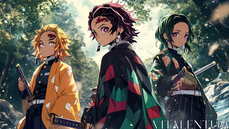 Forest swordsmen trio ready for quiet adventure together.