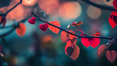 Branch with red heart-shaped leaves against soft bokeh background.
