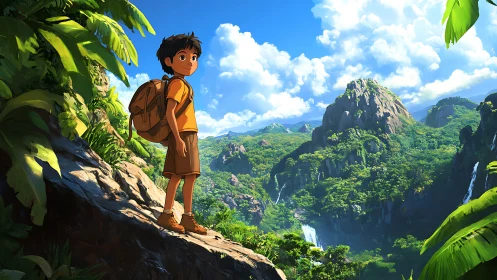 Boy explorer on jungle cliff above lush waterfall valley.