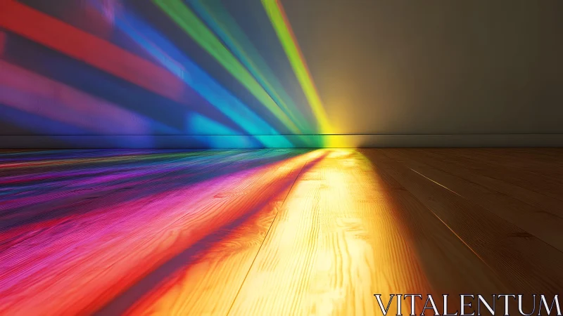 Vivid Rainbow Light Casting Across Wooden Floor in Minimalist Room.