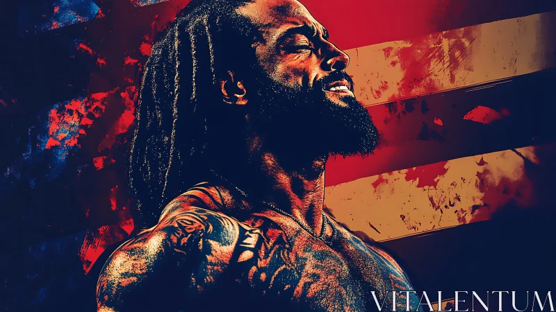 Tattooed muscular man posed in profile before abstract flag