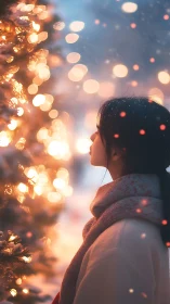 Girl gazes at glowing winter tree in soft bokeh light.