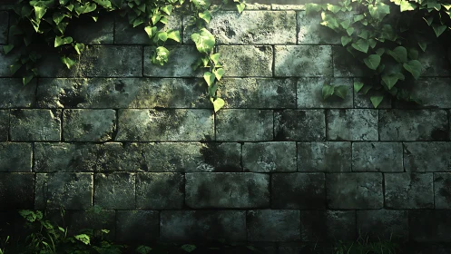 Photorealistic stone wall facade with ivy canopy and patina.