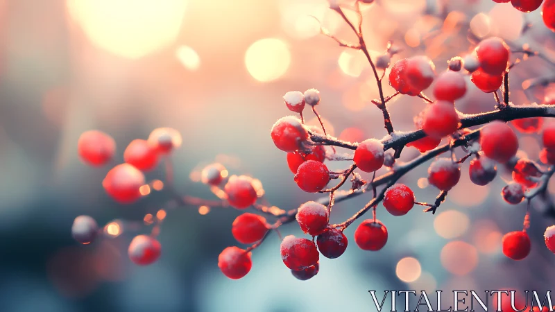 Macro study of frost‑tipped red berries in diffuse bokeh light.