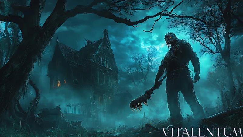 Nightmare scarecrow guarding decayed mansion in moonlit fog.