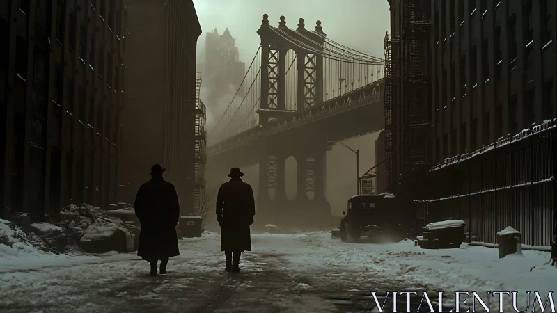 Two shadowed figures cross a wintry bridge-side noir street