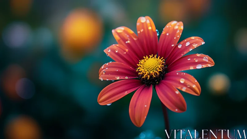 Crimson Gerbera with Dewdrops Against Bokeh Background.