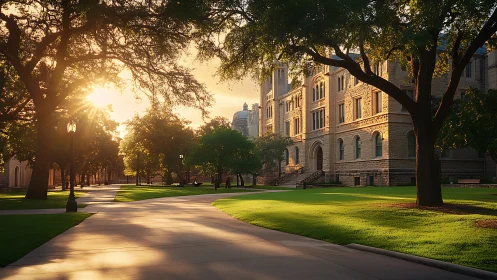University campus walkway at sunrise with historic building.