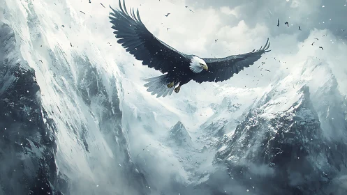 Majestic Bald Eagle Soaring Over Snowy Mountain Peaks in Dramatic Art.