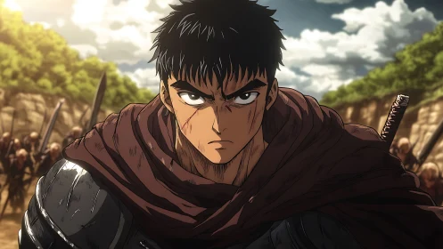 Battle-hardened anime swordsman leading armored warriors.