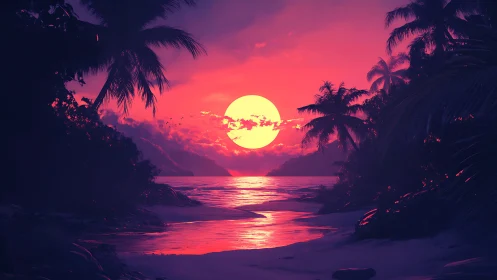 Dreamy tropical sunset cove glowing with soft neon warmth.