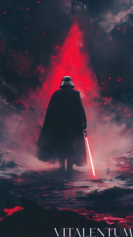 Dark armored figure with red sword before glowing portal.