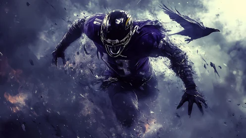 Storm-charged gridiron raven sprinting through violet smoke.