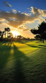Sunlit golf fairway casts long palm shadows at sunset