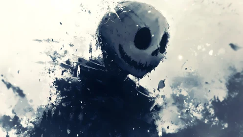 Grinning void spirit dissolving into stormy shadow mist.