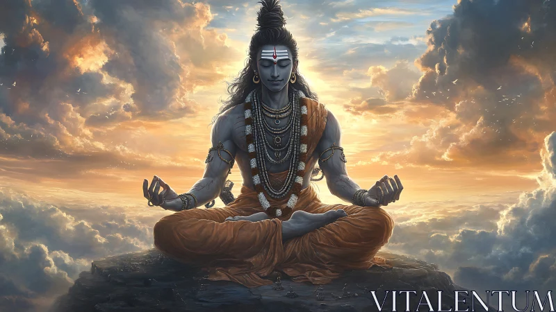 Skyborne ascetic radiates serene power above rolling clouds.