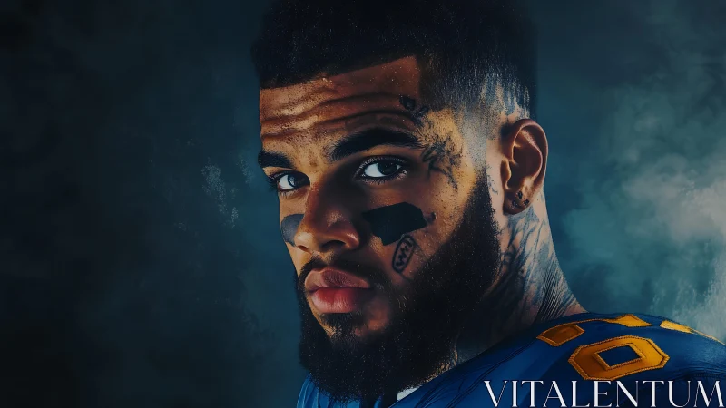 Photorealistic gridiron portrait with dramatic chiaroscuro lighting.