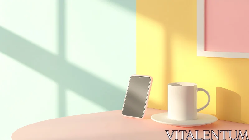 Minimalist workspace scene with smartphone, ceramic mug, and pastel architectural elements bathed in