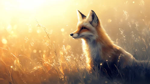 Gentle fox rests in golden meadow light and soft morning glow