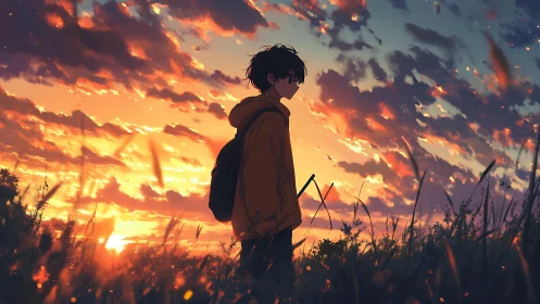 Solitary boy walks through glowing field at vivid sunset sky