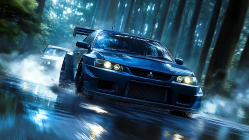 Blue street racer car slices through a misty forest road