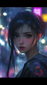 Neon rain muse staring down a holographic nightscape.