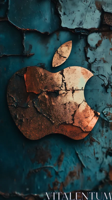Weathered metallic apple emblem against teal cracked wall.