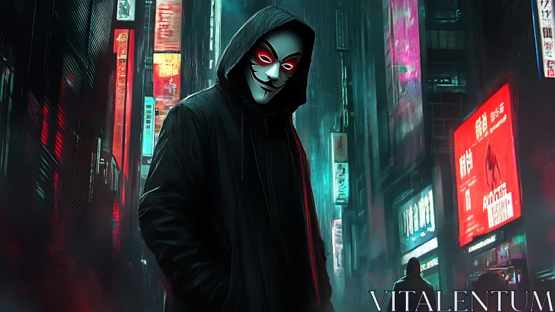 Cyberpunk masked hacker in neon-soaked megacity alleyway.